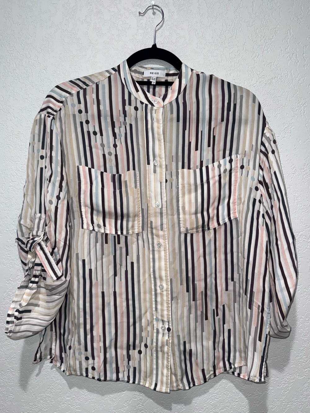 REISS 100% Viscose Multi-Stripe Roll Tab Sleeve Blouse - Size US 4 / UK 8